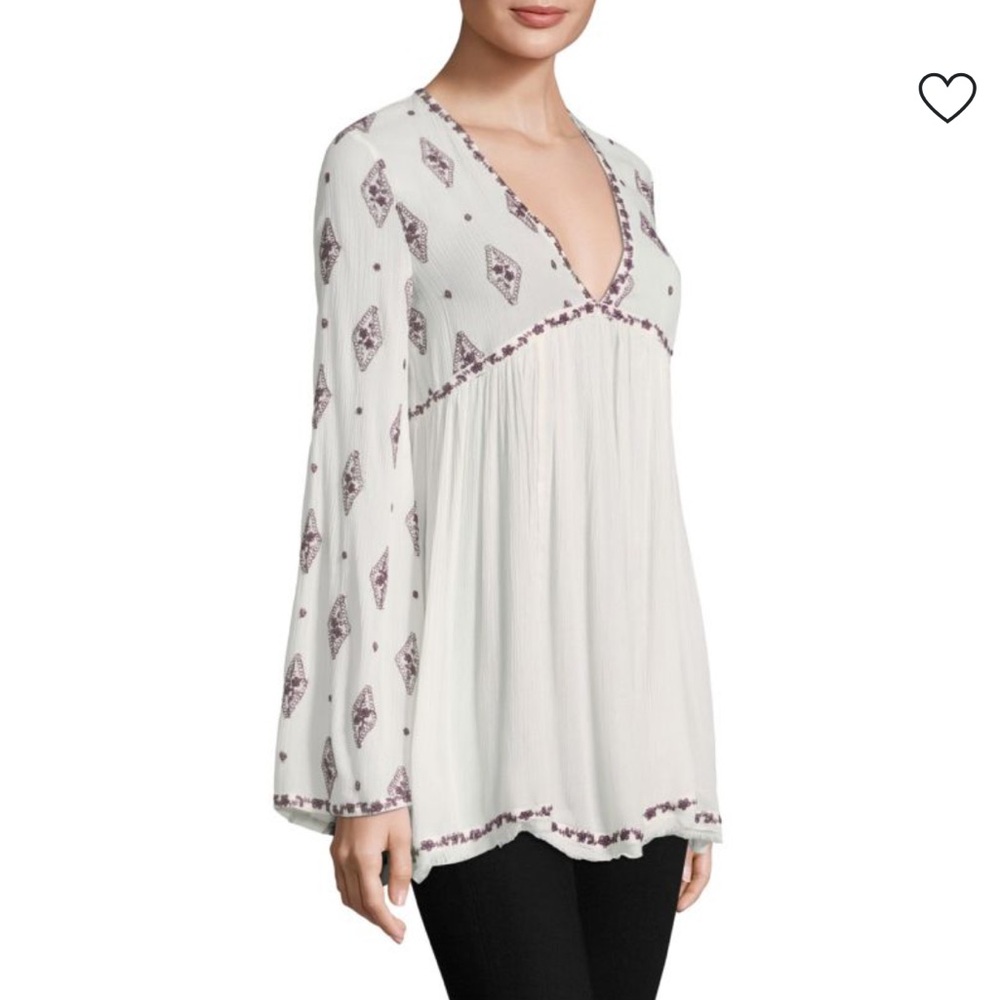 Free People Embroidered Diamond Key Hole Burgundy Cream Raw Hem Tunic Top,Small - Picture 3 of 14
